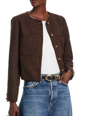 Aqua Brown Tweed Collarless Blazer with Gold Buttons